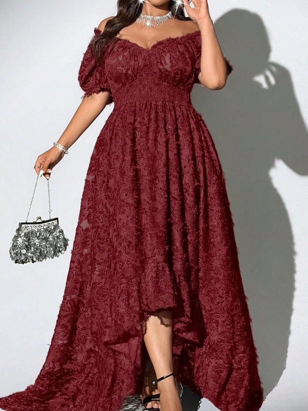 Burgundy Elegant Women's Plus Size Off-Shoulder Pleated Waist-Cinched Dress
